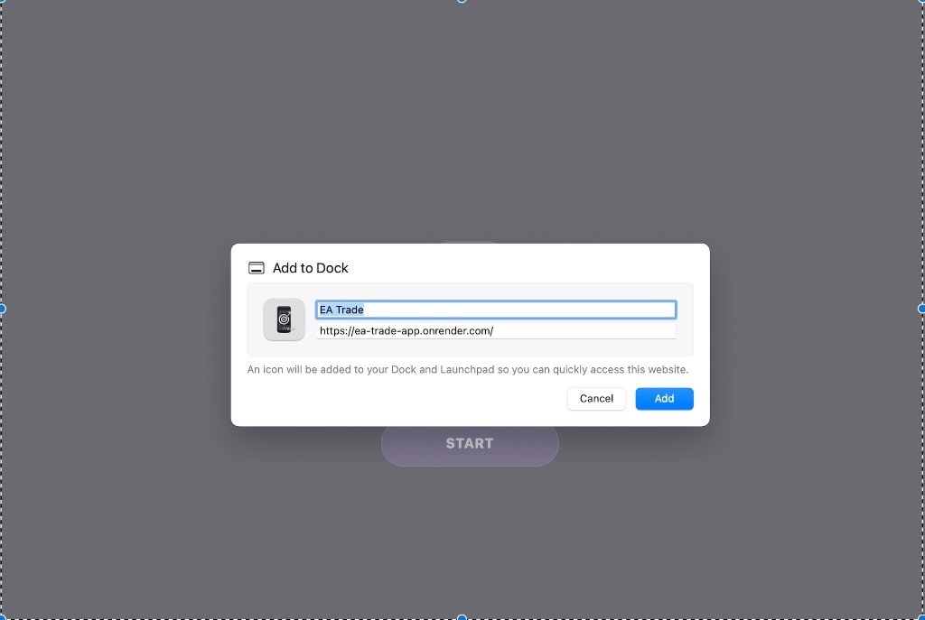 Safari Add to Dock dialog for EA Trade with Add button