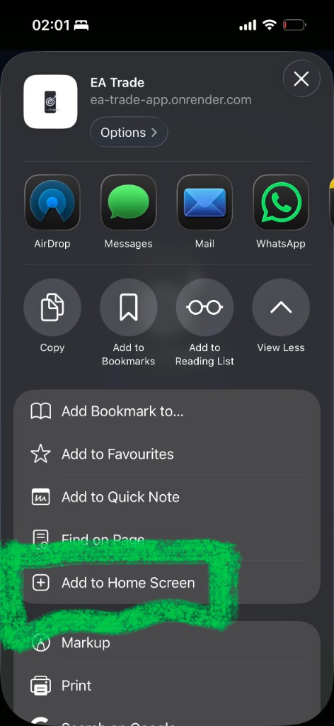 Add to Home Screen dialog with Open as Web App switched on and Add button visible
